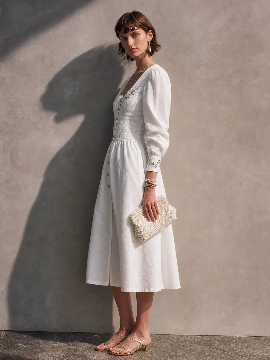Women's French Cottage Style Off White Cotton Blend Square Neck Smocked Long Sleeve Floral Embroidery Midi Dress MDZ0156G8GMJ