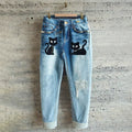 Casual Cute Black Cat Diamond Eyes Jeans