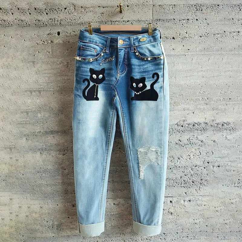 Casual Cute Black Cat Diamond Eyes Jeans