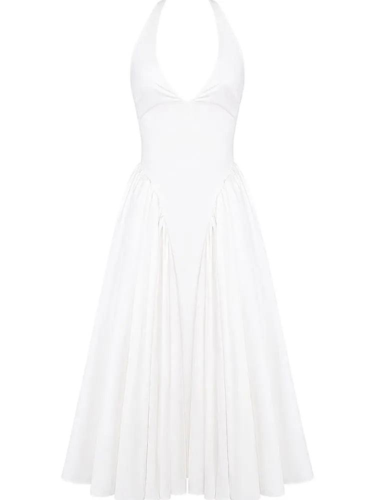 White Cotton Halter Midi Sundress