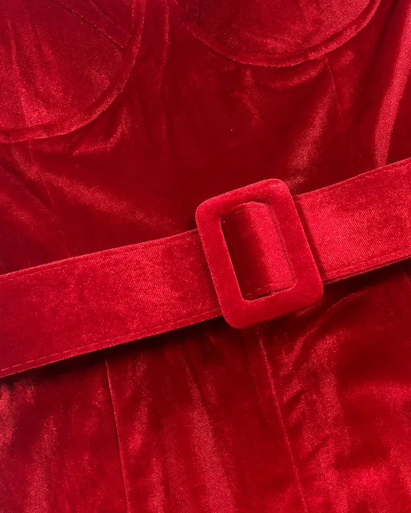Bustier Detail Velvet Jumpsuit Red