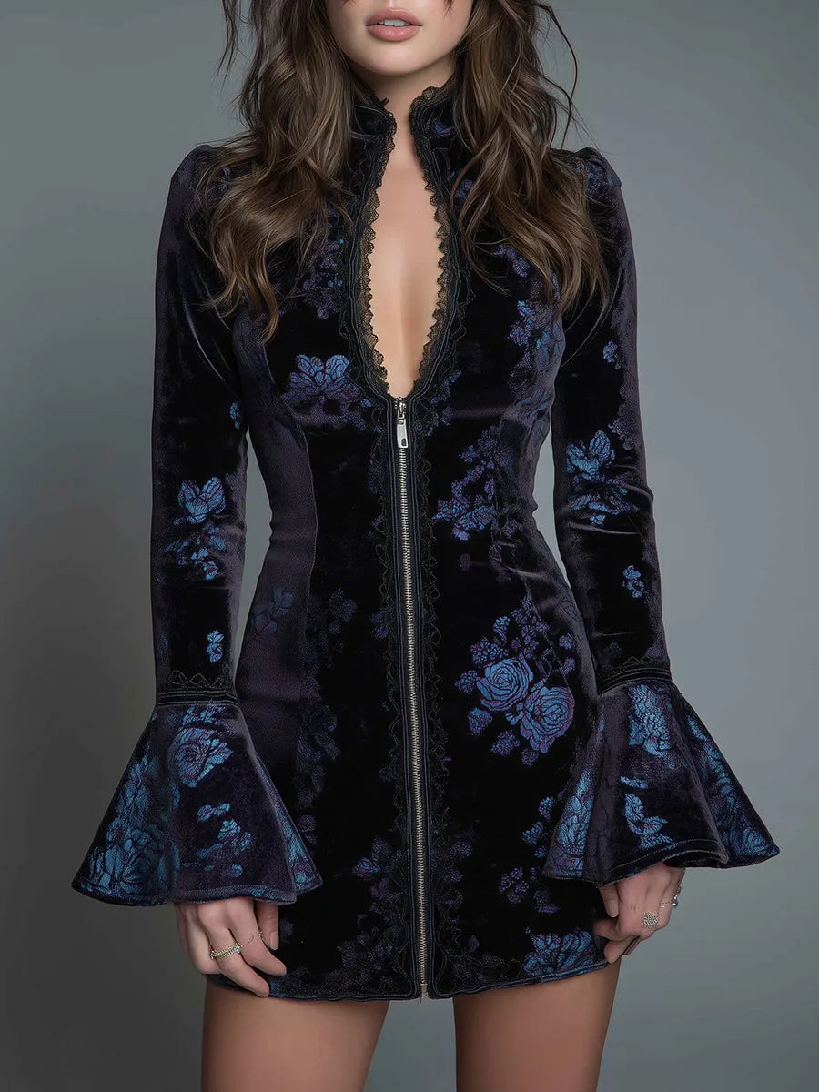 Vintage Floral Lace-trimmed Slim-fit Polyester Velvet Mini Dress