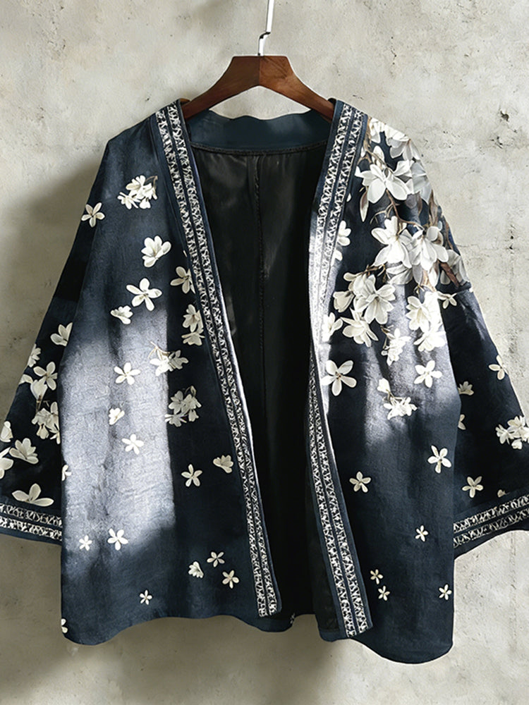 Retro Japanese Pear Blossom Pattern Casual Kimono Cardigan