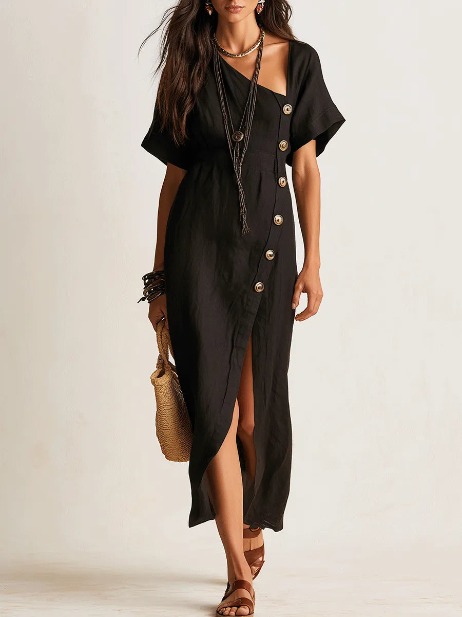 Chic Linen Asymmetric Button-Front Black Maxi Dress