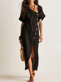 Chic Linen Asymmetric Button-Front Black Maxi Dress