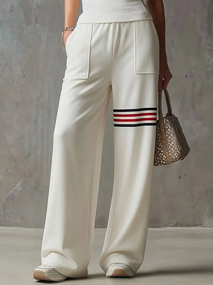 Sporty Retro White Striped Embroidered Sleeveless Vest And Wide-Leg Pants Set