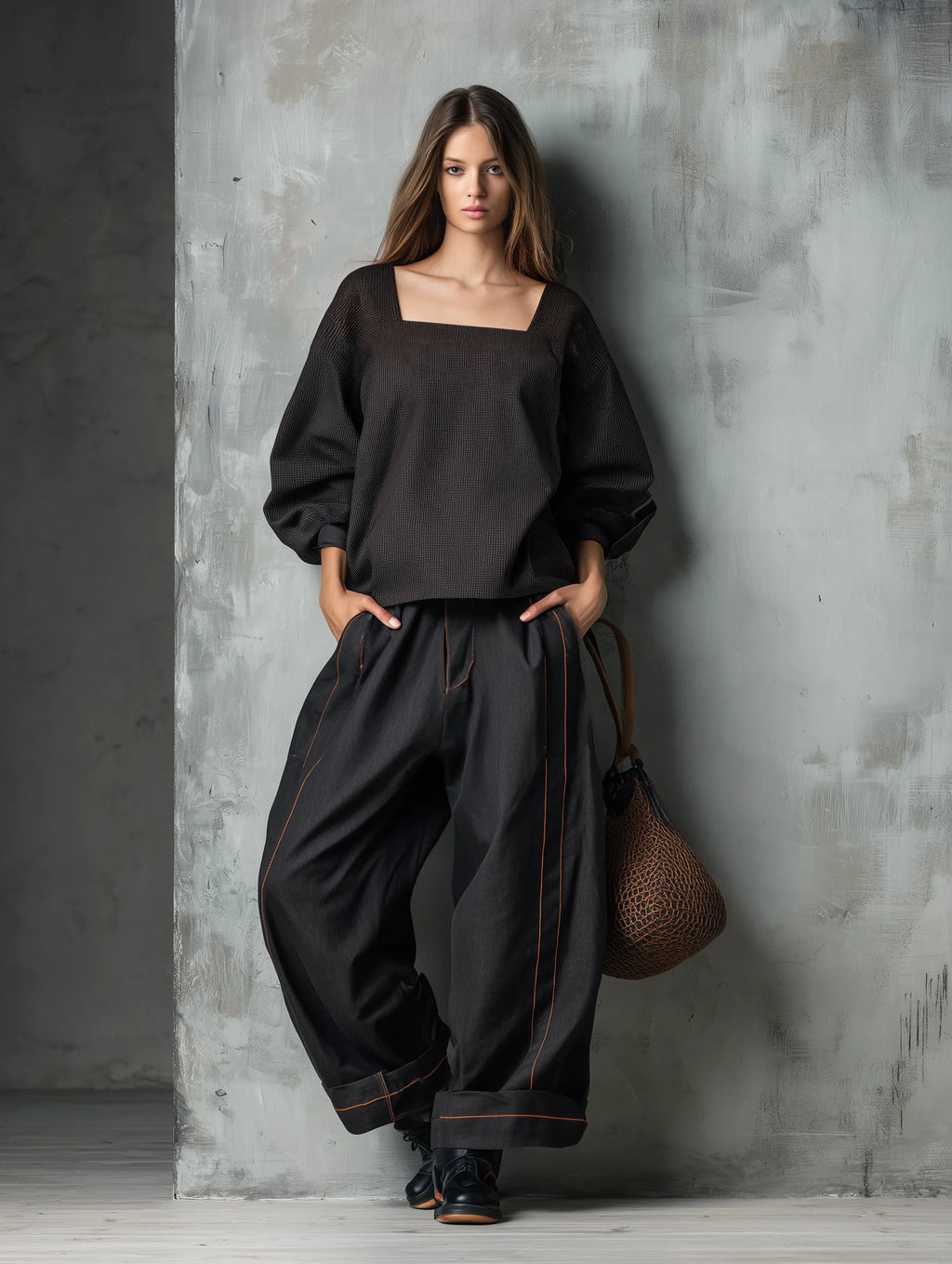 Women's Casual Dark Brown Woven Long-sleeve Top With A Square Neckline, Paired With Black Woven Trousers MDZ2314G9LXY