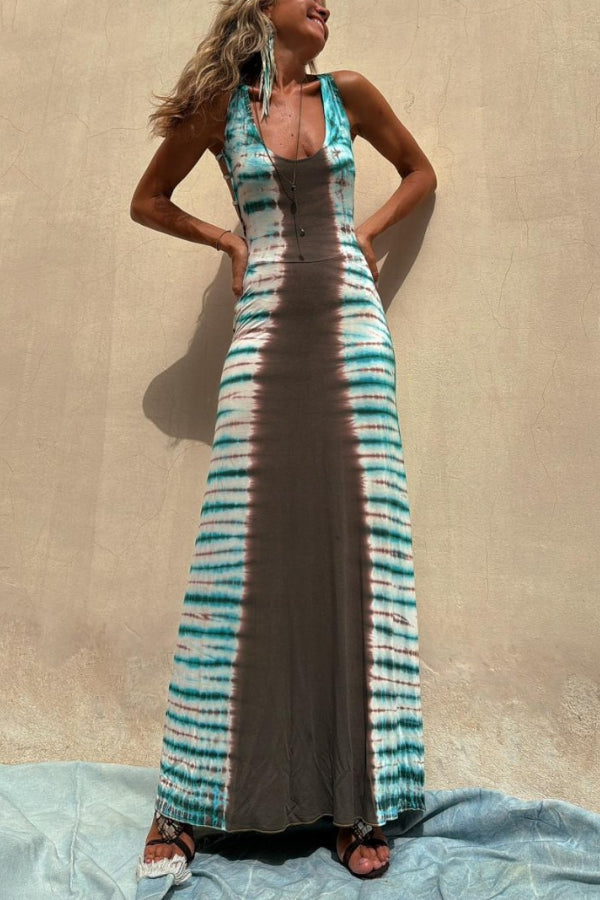 Nil Tie-Dye Print Back Lace-Up Stretch Maxi Dress（With built-in bra）