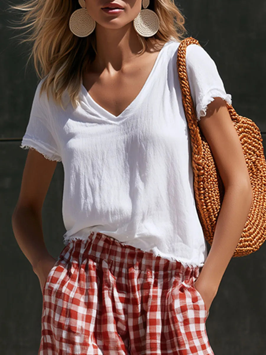 Casual Retro Short-sleeved T-shirt And Red And White Checkered Cotton Linen Pants Set