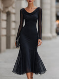 Draped Cowl Neck Long Sleeve Mermaid Maxi Dress With Sheer Paneling