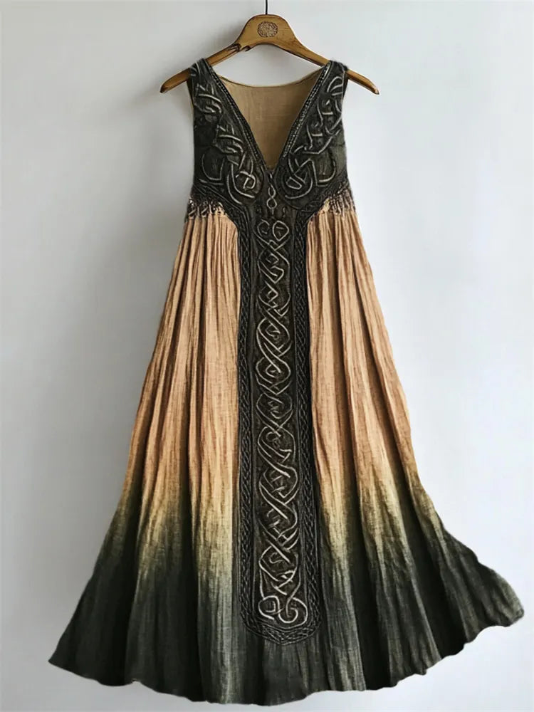 Vintage Celtic Contrast Forest Gradient Flowy Linen Dress