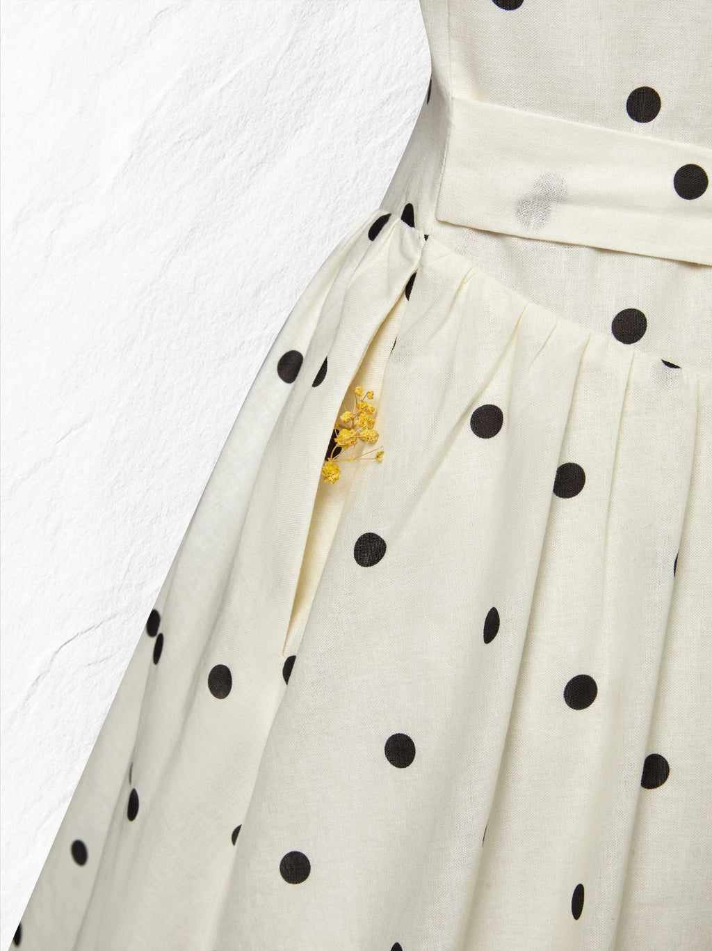 Maxi Linen Dress, Short Sleeves, Shawl Collar, Polka Dots, French Vintage, Off White