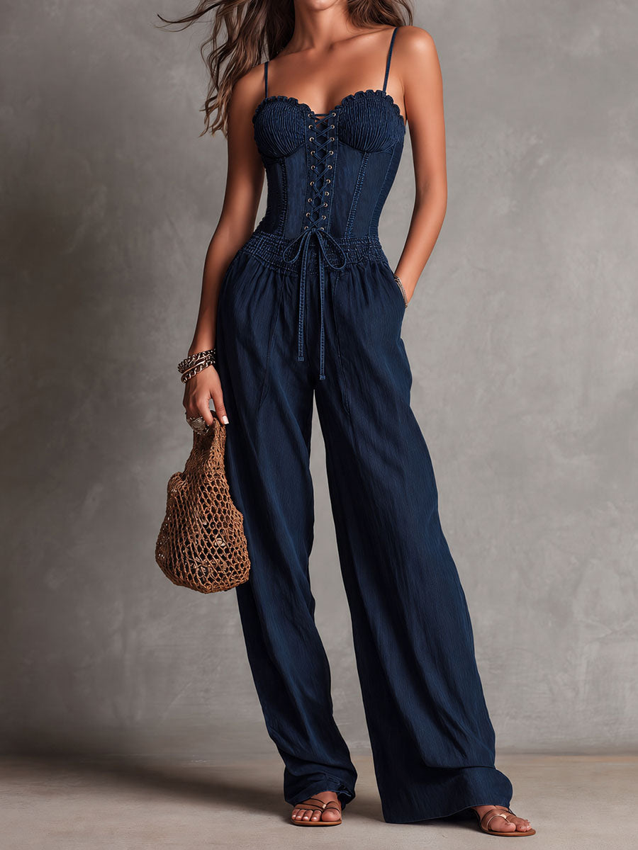 Boho Chic Navy Corset Lace-Up Wide-Leg Jumpsuit