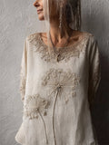 Vintage Dandelion Embroidered Lace Hem Linen Tunic