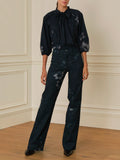 High-neck bow-print shirt and trousers set