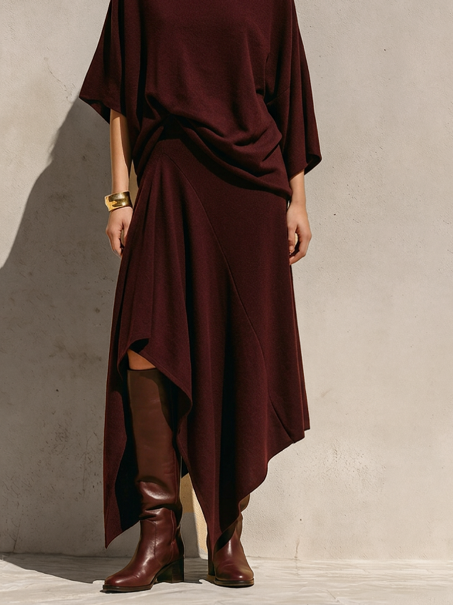Women's Burgundy Soft Knit Two Piece Matching Set With Draped Cowl Batwing Sleeve Top & Asymmetrical Hem Midi Skirt, Minimalist Lagenlook Elegant Co-Ord Outfit MDZ2050G1LYL