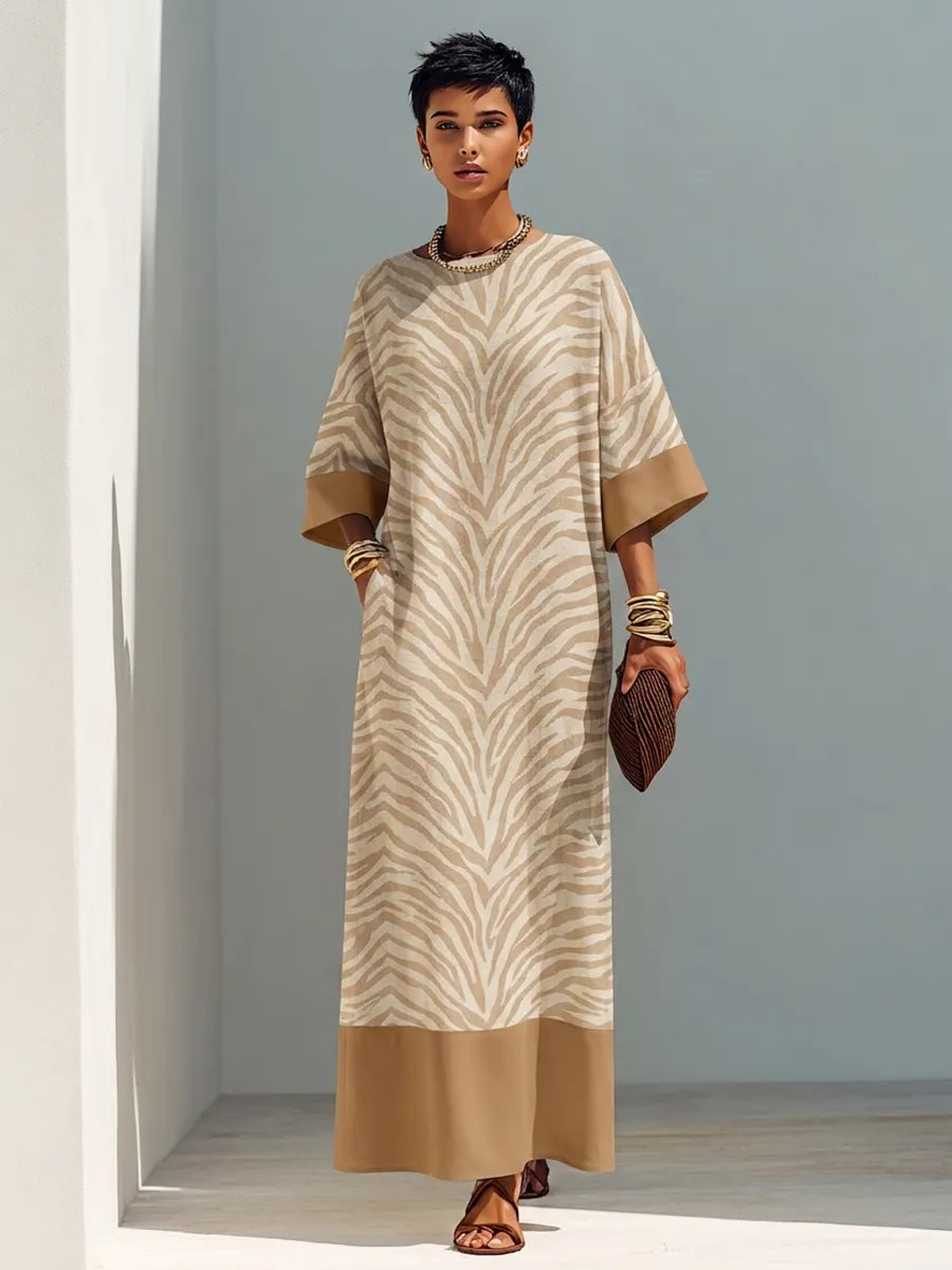 Women's Minimalist Zebra-Print Color-Block Linen Maxi Dress MDZ0623G8ZRK