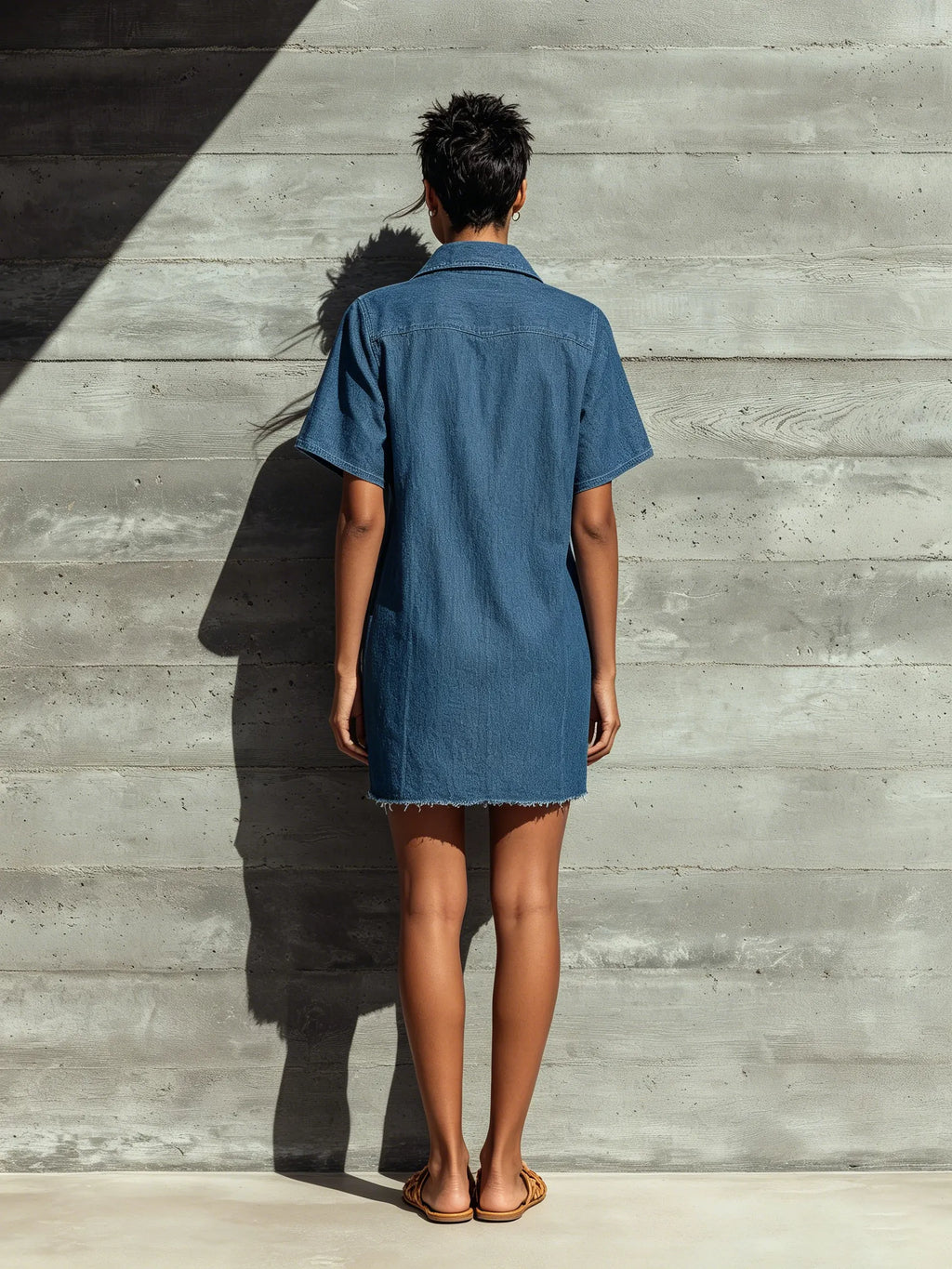 Women’s Vintage Blue Denim Collar Half Button Down Pocket Loose Frayed Hem Mini Shirt Dress MDZ2952F4T