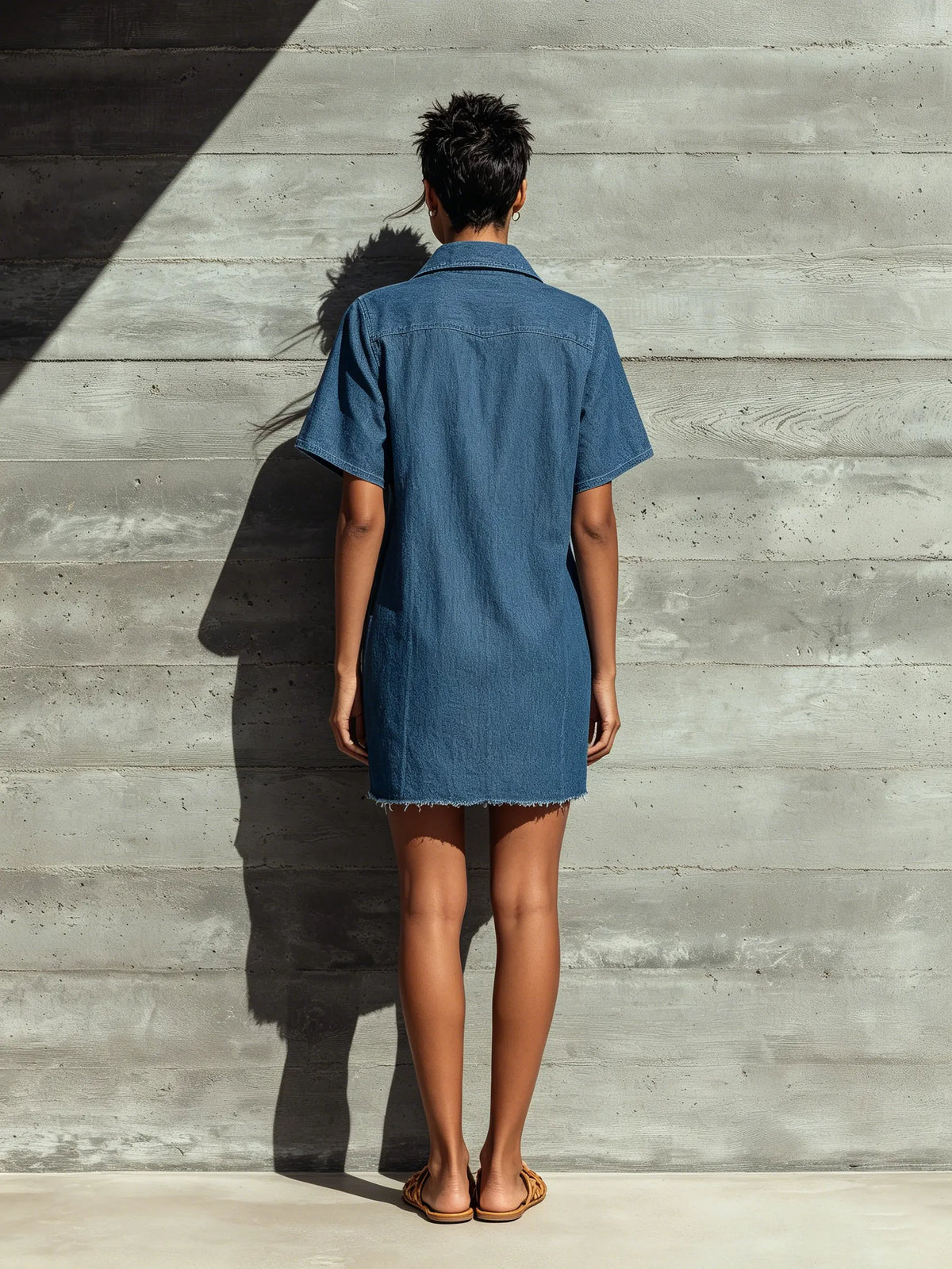 Women’s Vintage Blue Denim Collar Half Button Down Pocket Loose Frayed Hem Mini Shirt Dress MDZ2952F4T