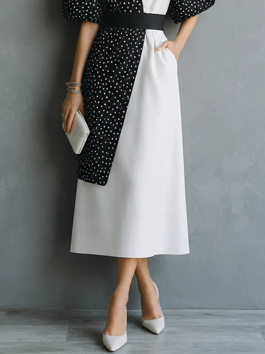 Women's Retro French Style Black White Cotton Blend Color Block V-Neck Puff Short Sleeve Waistband Midi Dress MDZ0334G2GMJ