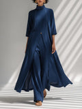 Women's Navy Blue Light Chiffon Co-Ord With Contrast White Stitch Seam Tunic & High Waist Flowy Trousers, Modern Effortless-Chic Smart Casual Two-Piece Set MDZ2943F9LYL