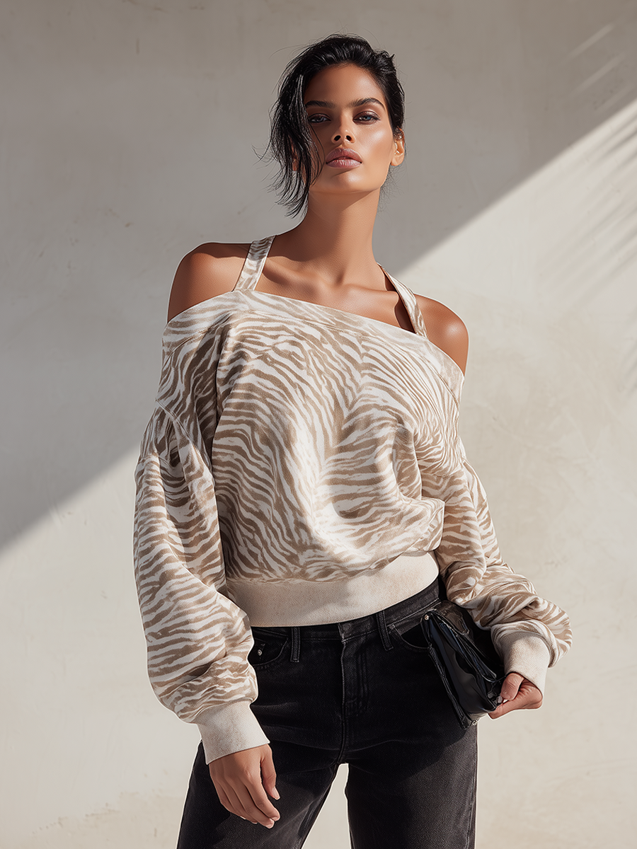 Women's Zebra Print Halter-Neck Off-Shoulder Long-Sleeve Cotton-Blend Top MDZ2452G6ZRK