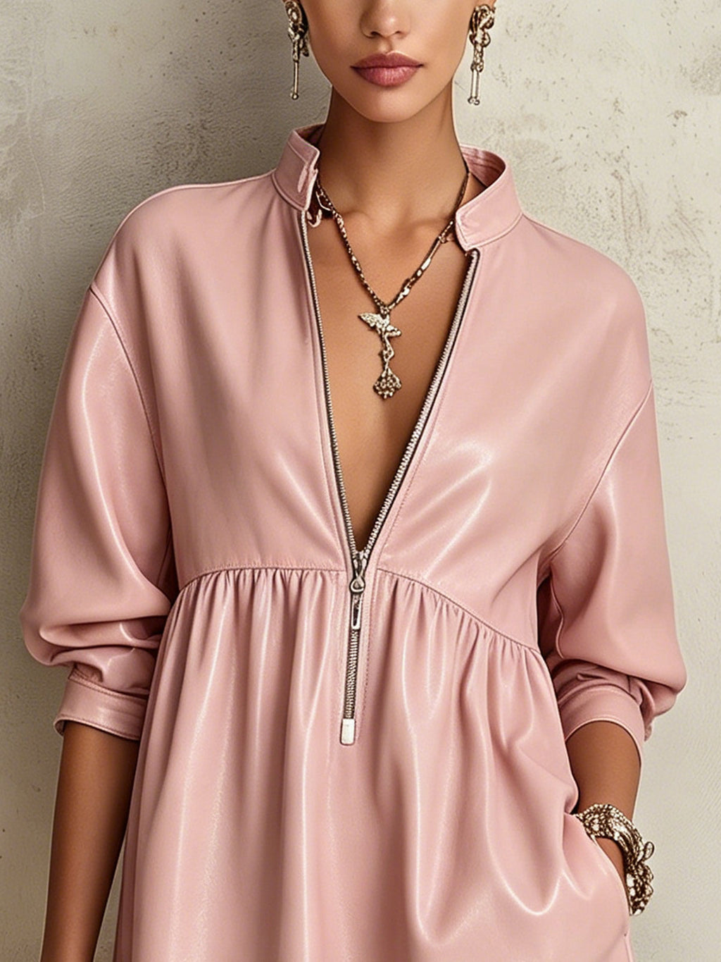Pink Faux Leather Zip-Front Mini Dress