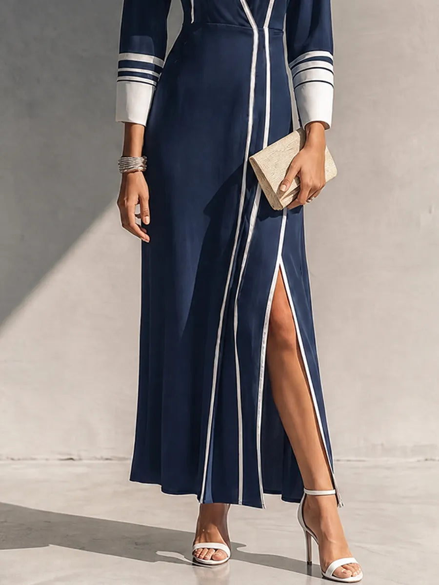 Women's Affordable Luxury Navy Cotton Blend Contrast Color Collar 3/4 Sleeve Side Slit Knit Dress MDZ0210G4GMJ