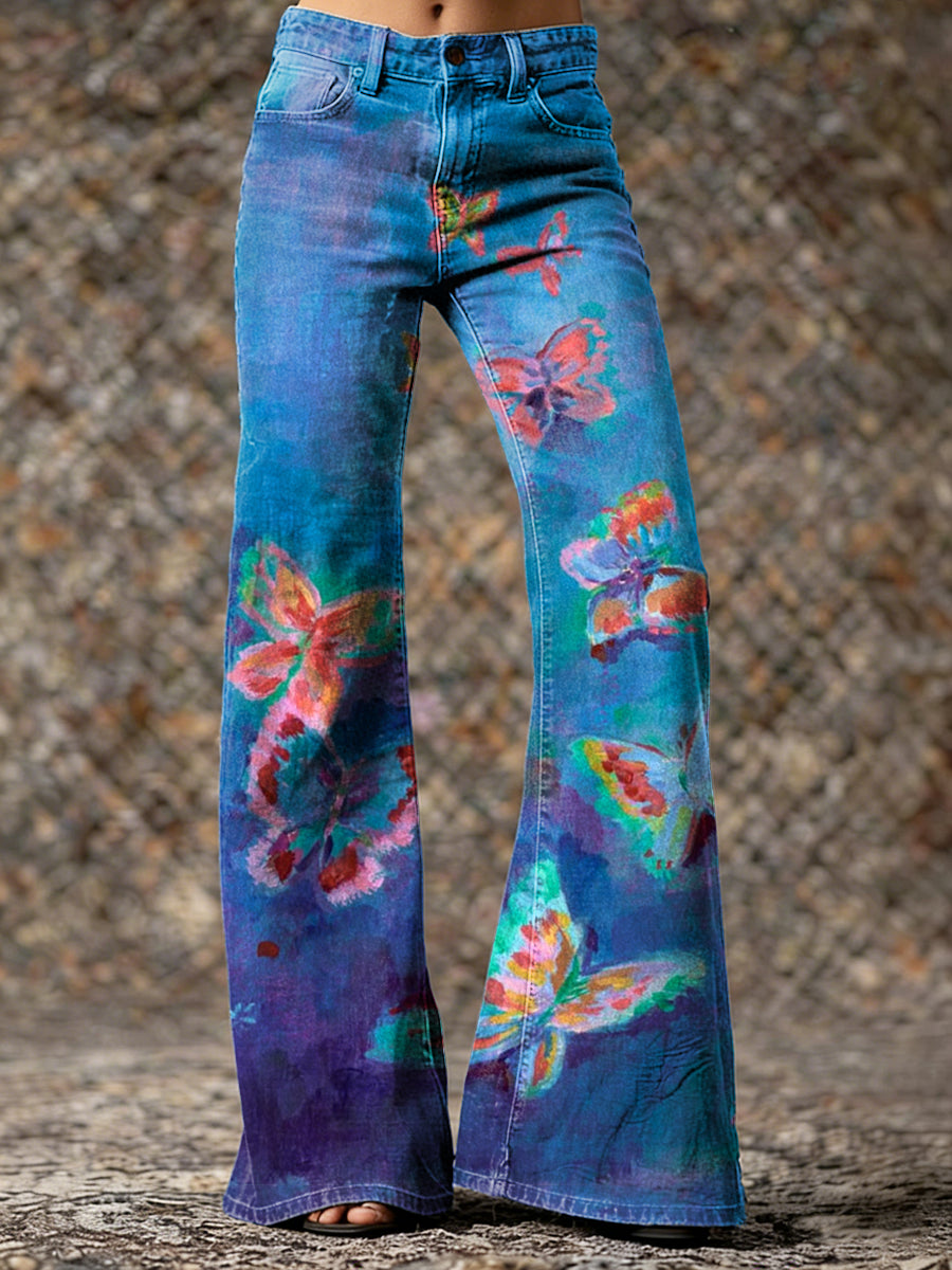 Women's Retro Colorful Butterfly Art Print Casual Washed Pants