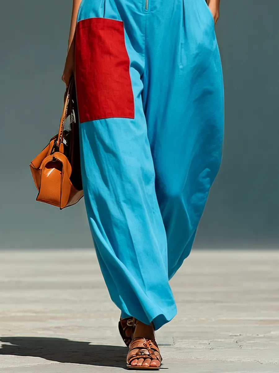 Women’s Blue Linen-Blend Sleeveless Jumpsuit With Red Patch Pockets & Half-Zip Stand Collar MDZ0982E4T