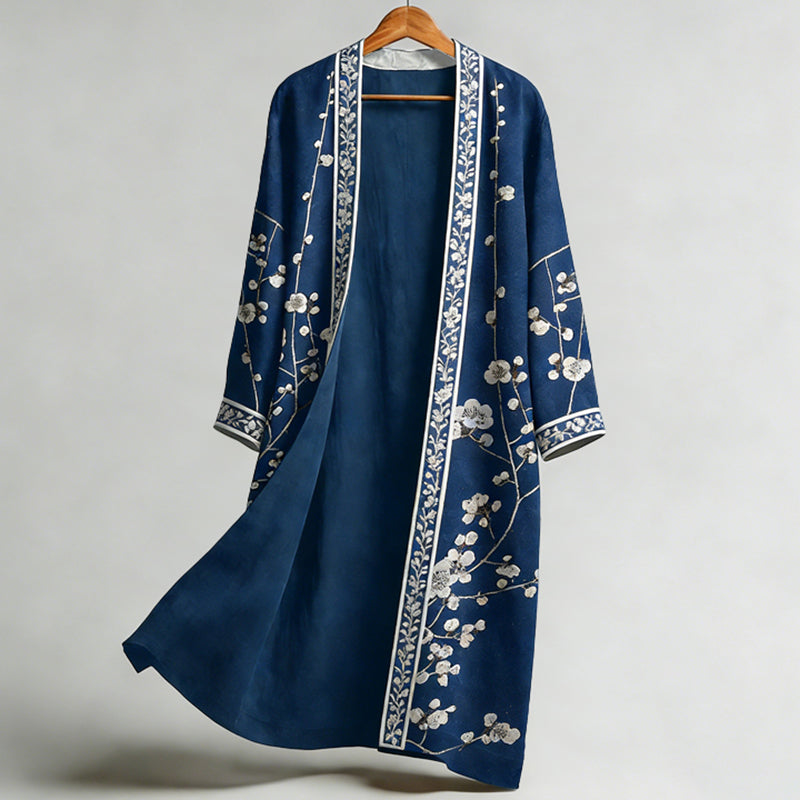 Men's Retro Japanese Sakura Art Print Linen Long Kimono
