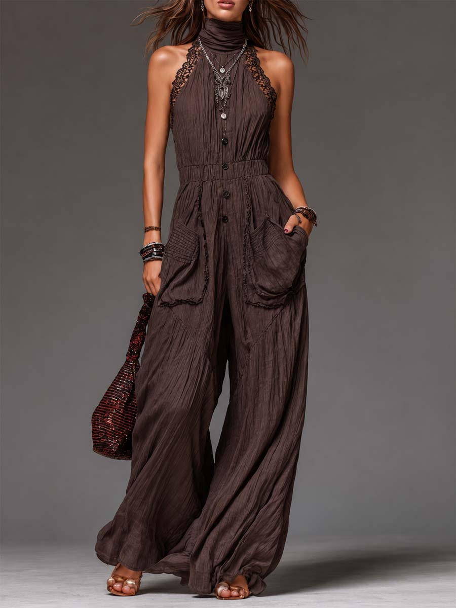 Chocolate Brown Crinkled Cotton Halter Lace Wide-Leg Jumpsuit