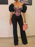 Stylish V-Neck Floral Printed Ruffled Split-Joint Straight Leg Jumpsuits