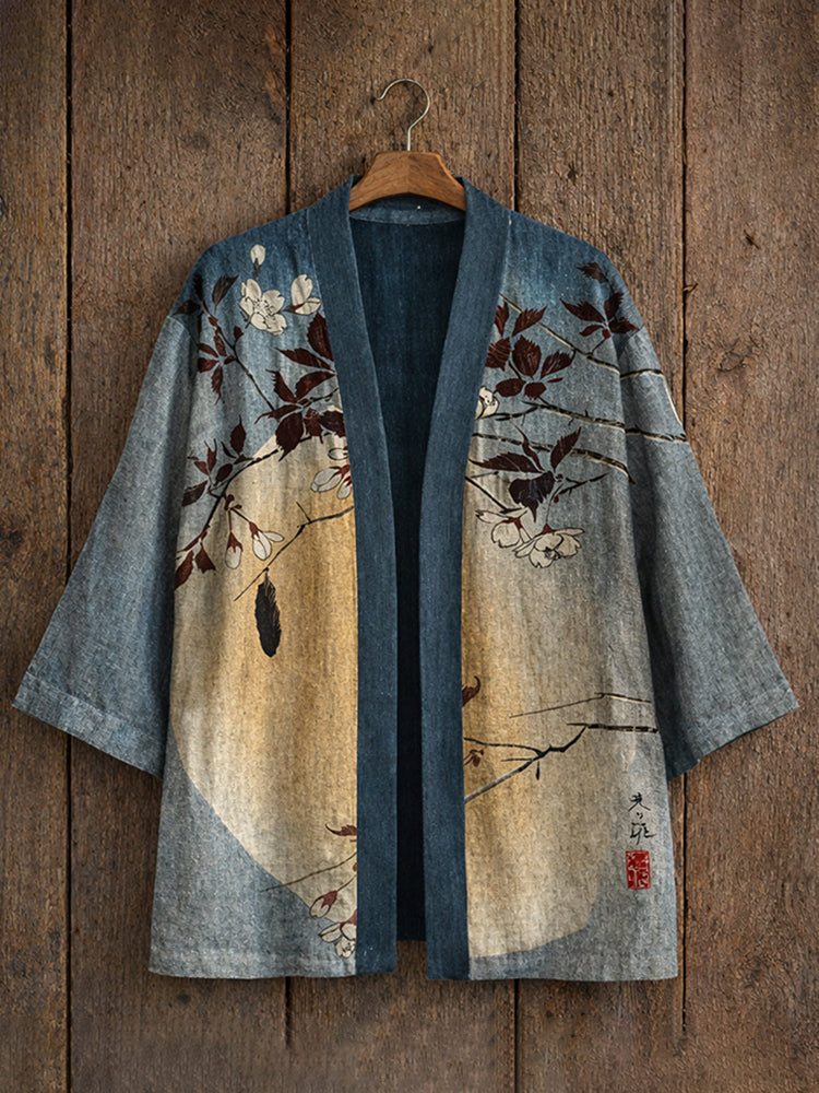 Men's Vintage Plum Blossoms With Moon Japanese Art Linen Blend Kimono Cardigan