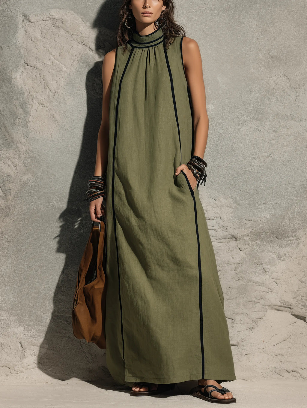 Women's Casual Army Green Cotton-linen Sleeveless Maxi Dress With A High Neck MDZ0762G3LXY