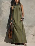 Women's Casual Army Green Cotton-linen Sleeveless Maxi Dress With A High Neck MDZ0762G3LXY