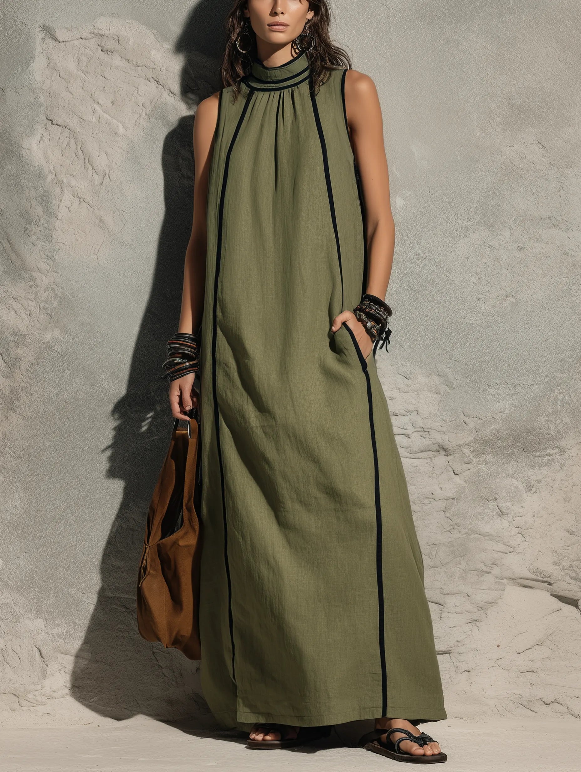 Women's Casual Army Green Cotton-linen Sleeveless Maxi Dress With A High Neck MDZ0762G3LXY