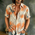 Men's Spring Floral And Dragonfly Embroidered Art Print Flowy Linen Blend Short Sleeve Shirt