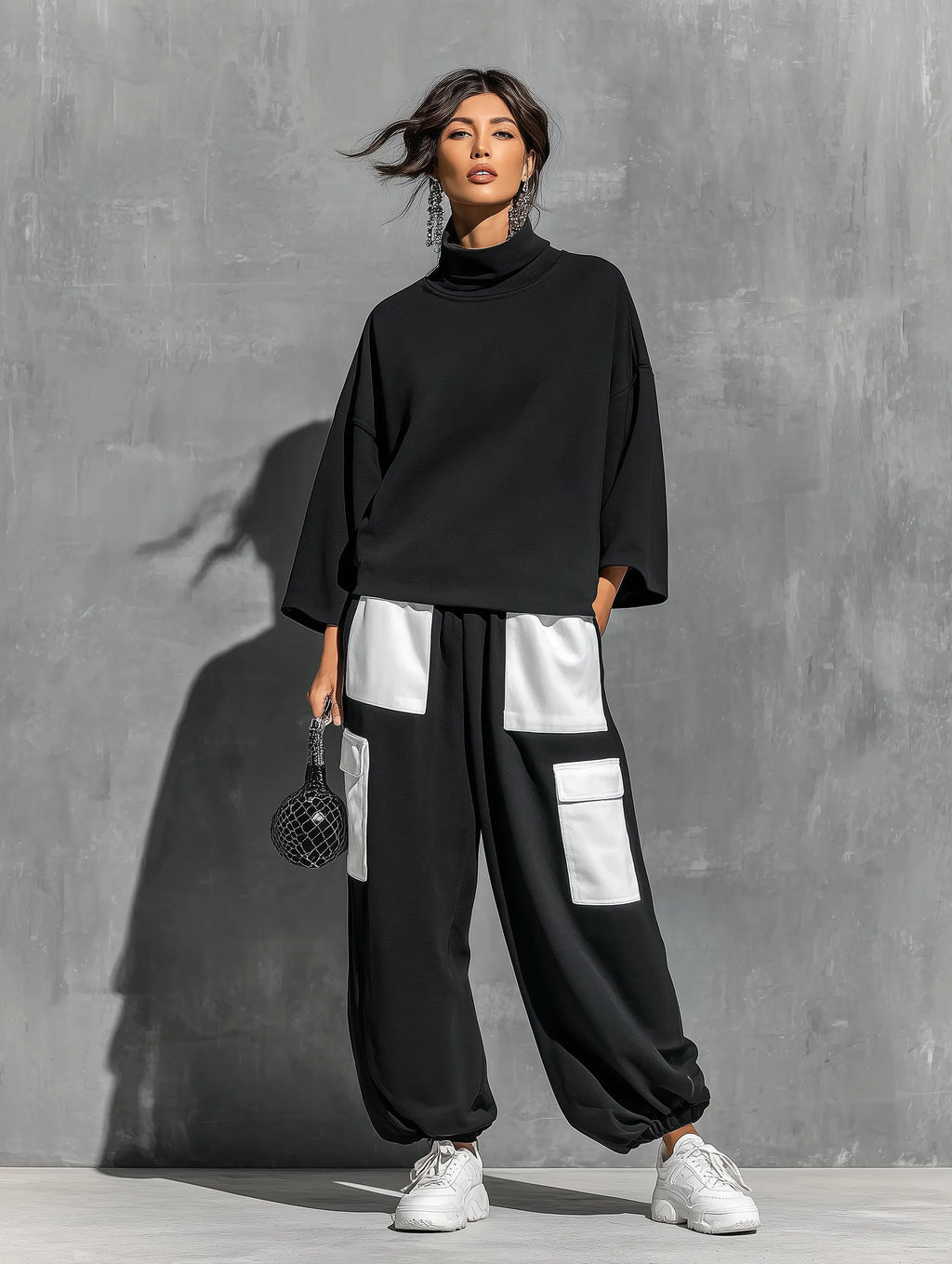 Women’s Black French Terry Oversized High Neck 3/4 Sleeve Sweatshirt & Elastic Cuff Color Block White Patch Pocket Jogger Cargo Pants Two Piece Tracksuit Set MDZ0696G6YZJ