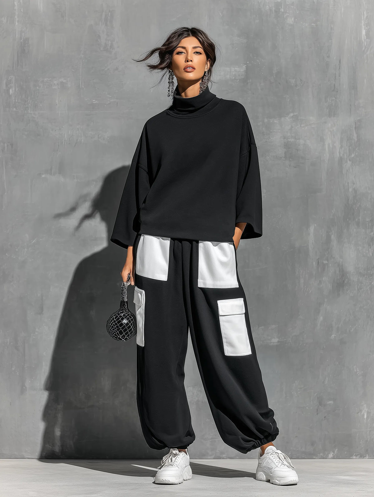 Women’s Black French Terry Oversized High Neck 3/4 Sleeve Sweatshirt & Elastic Cuff Color Block White Patch Pocket Jogger Cargo Pants Two Piece Tracksuit Set MDZ0696G6YZJ