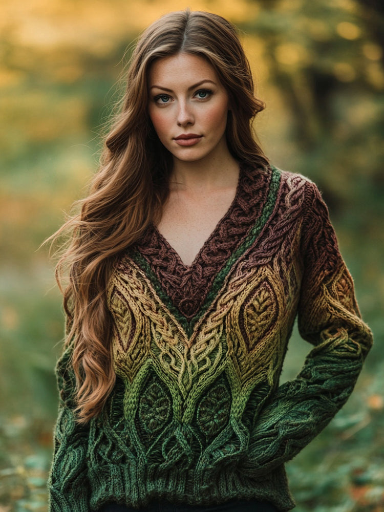 Women's Intricate Celtic Knot Leaf Jacquard V Neck Sweater