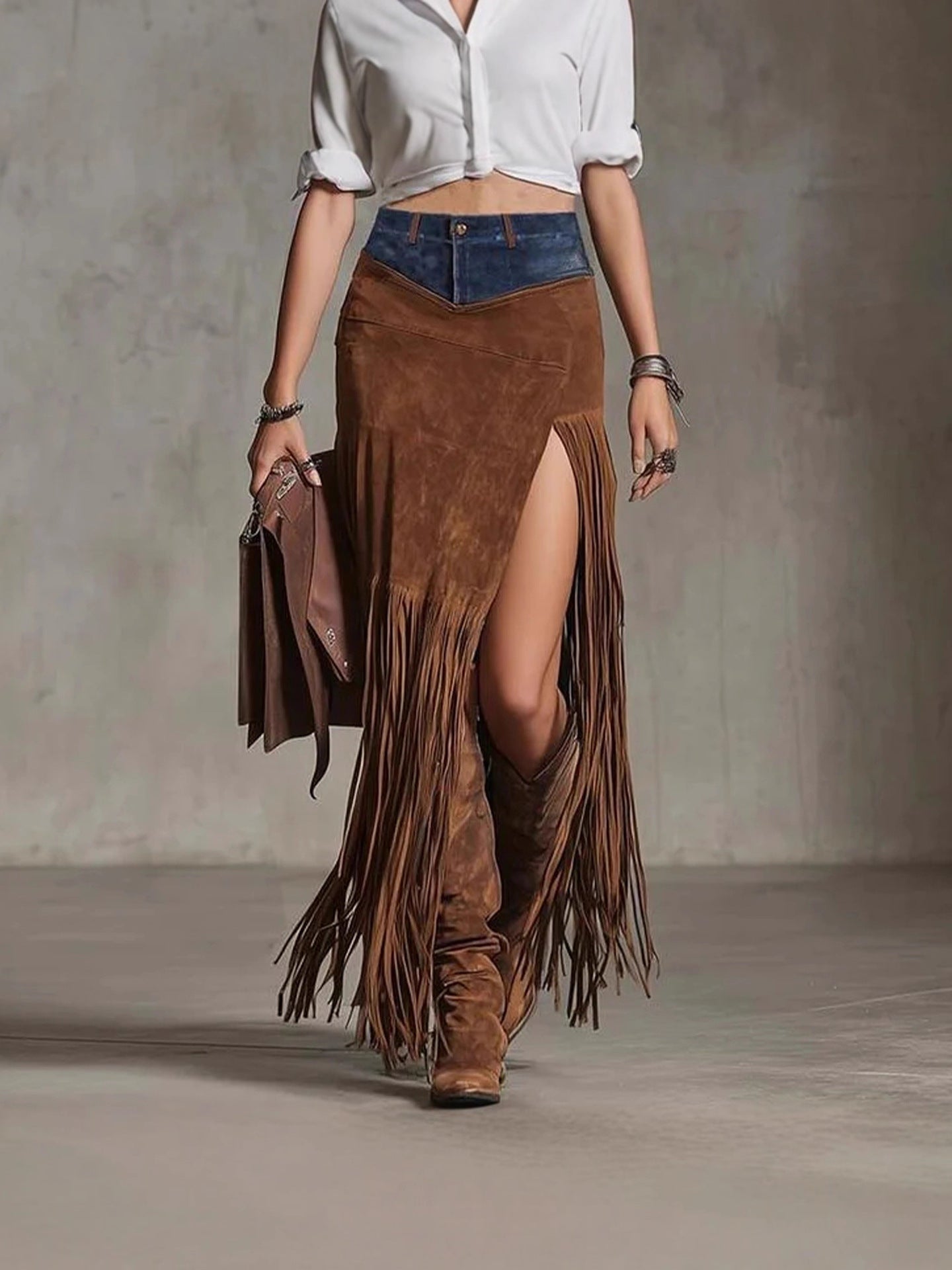 Tassel-Patchwork Denim Irregular Suede Skirt