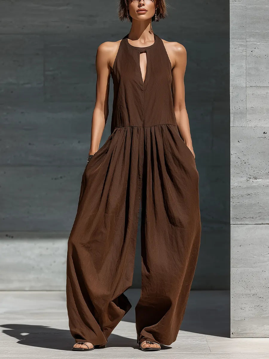 Women’s Casual Resort Wear Brown Sleeveless Keyhole Detail Pleated Waist Extra Wide Leg Pocket Jumpsuit MDZ3003F1T