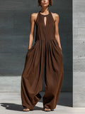 Women’s Casual Resort Wear Brown Sleeveless Keyhole Detail Pleated Waist Extra Wide Leg Pocket Jumpsuit MDZ3003F1T