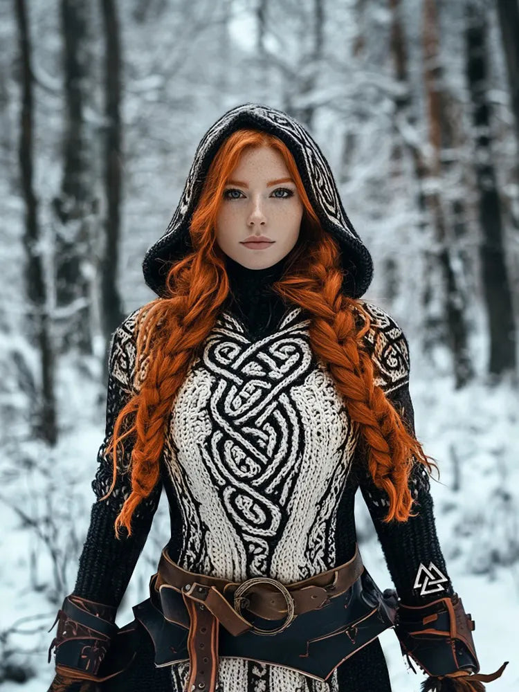 Viking Runes Inspired Celtic Knot Jacquard Chunky Hooded Sweater(accessories Not Included)