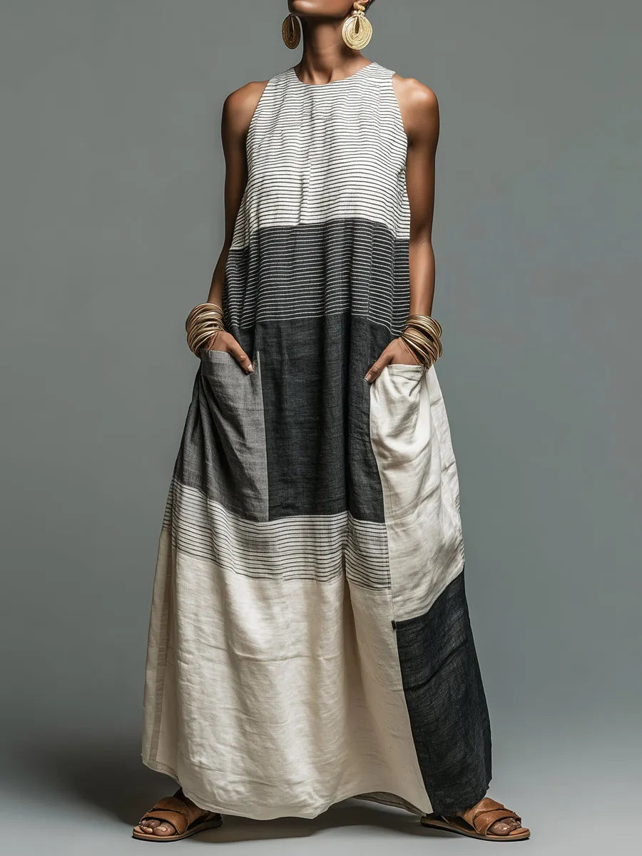 Color-block Striped Sleeveless Maxi Dress with Pockets