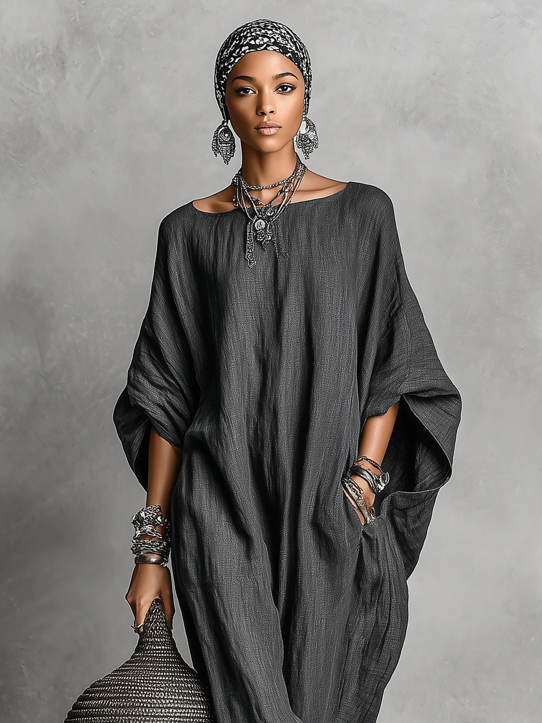 Women's Loose Cotton And Linen Batwing Sleeve Maxi Dress