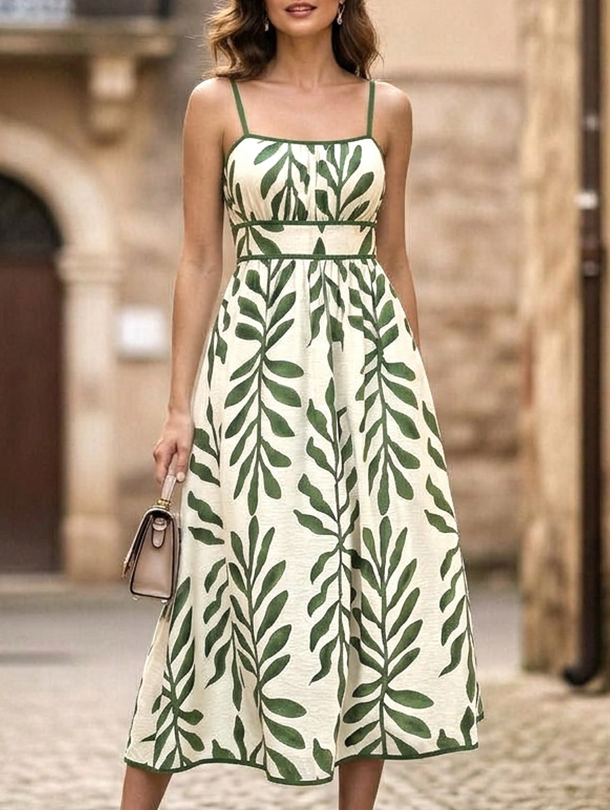 Leaf Print Cami Waist Maxi Dress_CWDMD02698