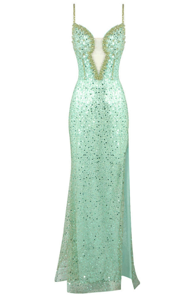 Sequin Crystal Bustier Maxi Dress Green