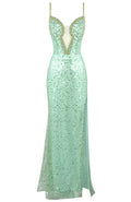 Sequin Crystal Bustier Maxi Dress Green